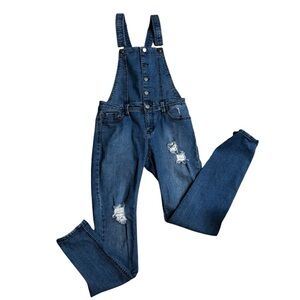 Harper blue jean denim distressed overalls, button up, pockets, straight leg, M.
